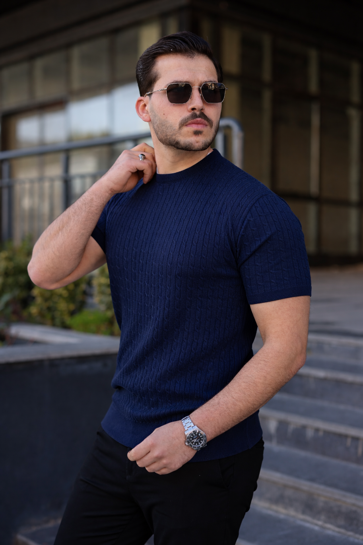 Erkek Premium Çizgili Yazlık Lacivert Dar Triko Tişört