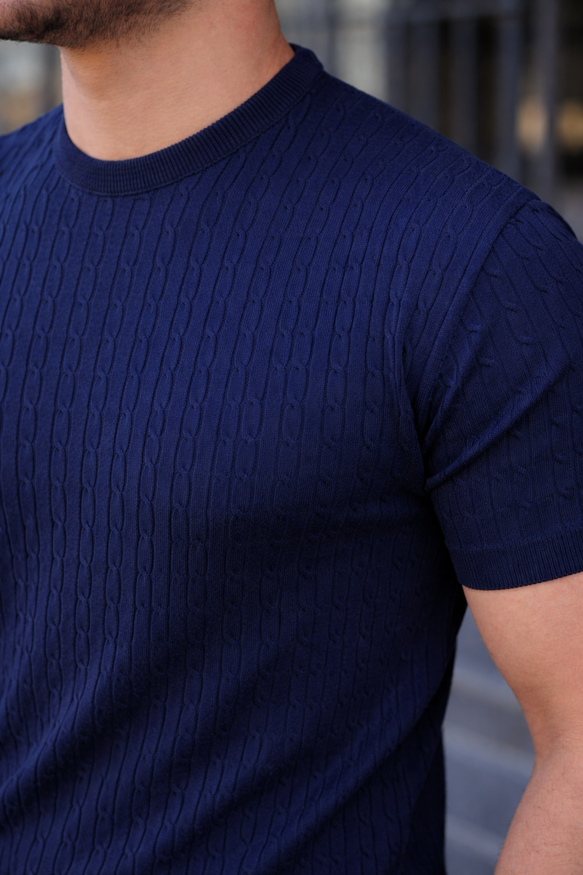 Erkek Premium Çizgili Yazlık Lacivert Dar Triko Tişört