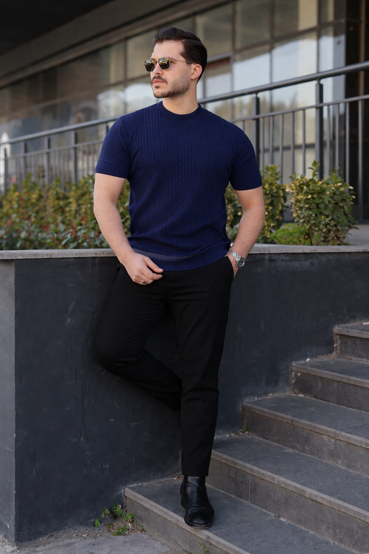 Erkek Premium Çizgili Yazlık Lacivert Dar Triko Tişört