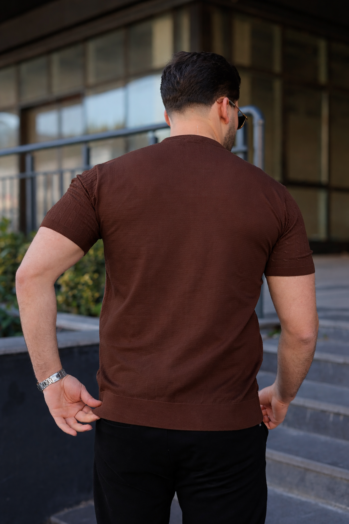 Erkek Premium Çizgili Yazlık Kahve Dar Triko Tişört