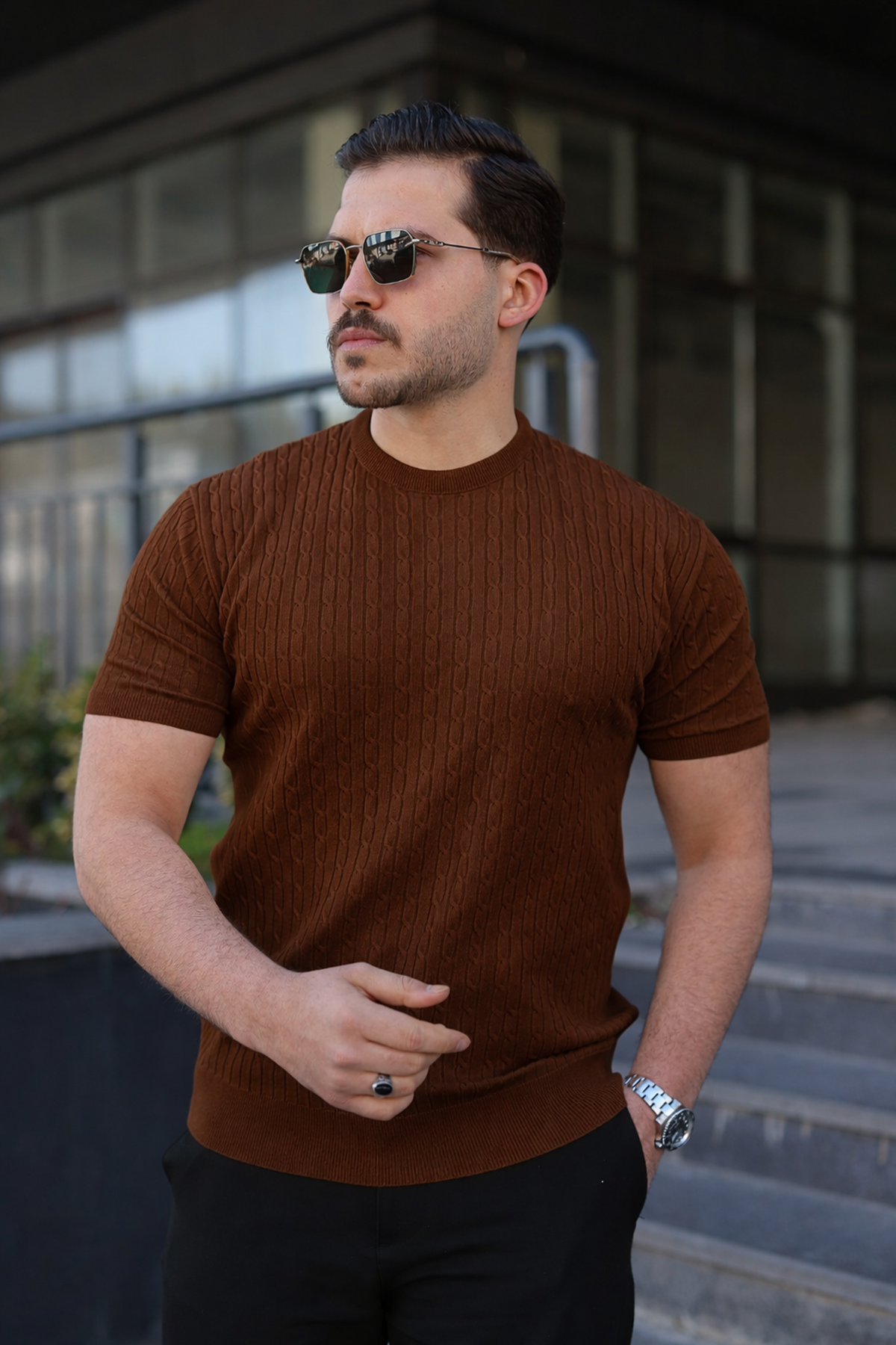 Erkek Premium Çizgili Yazlık Kahve Dar Triko Tişört