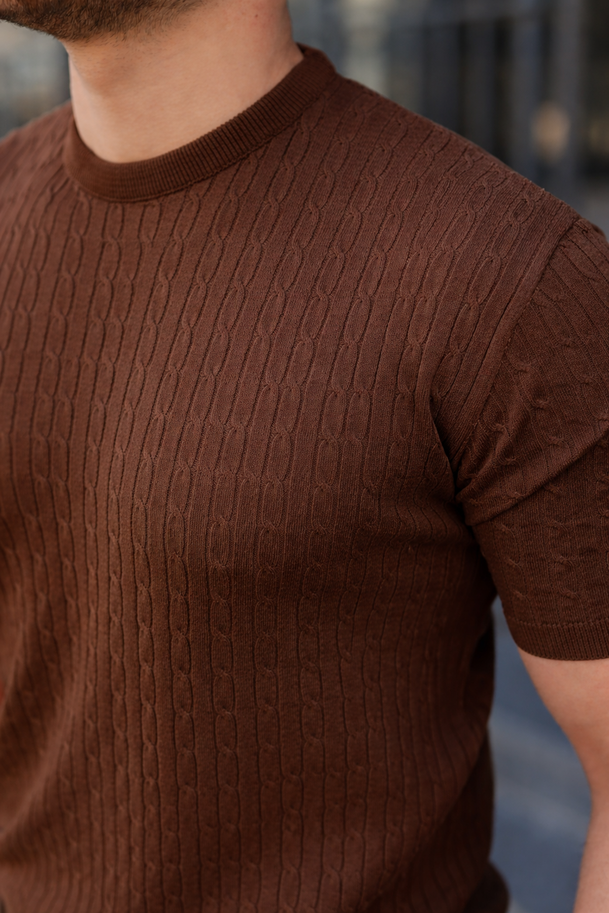 Erkek Premium Çizgili Yazlık Kahve Dar Triko Tişört