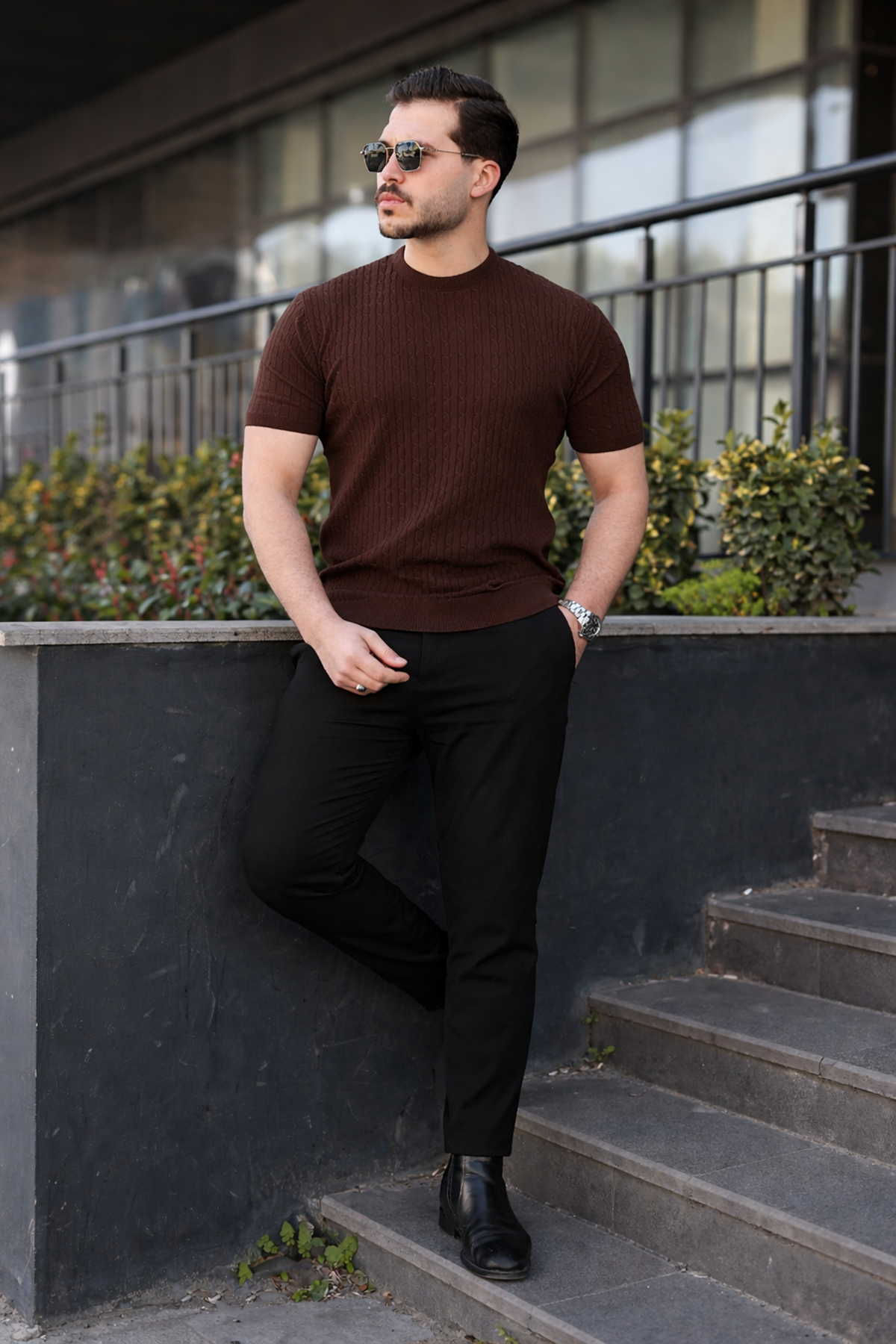 Erkek Premium Çizgili Yazlık Kahve Dar Triko Tişört