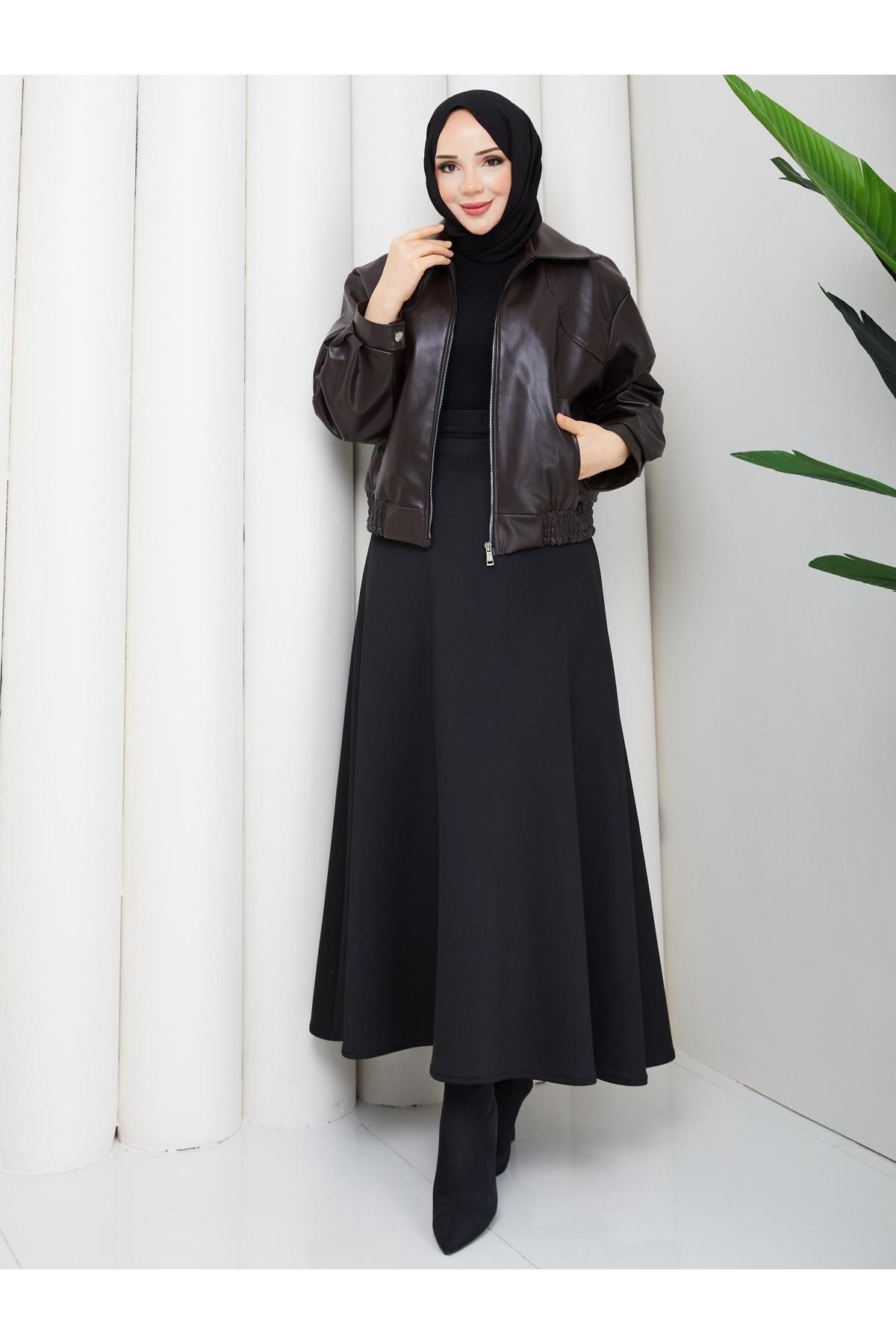 Kadın Trend Premium Mevsimlik Bomber Kahve Deri Ceket