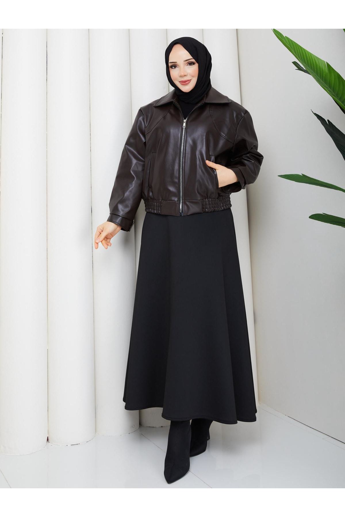 Kadın Trend Premium Mevsimlik Bomber Kahve Deri Ceket