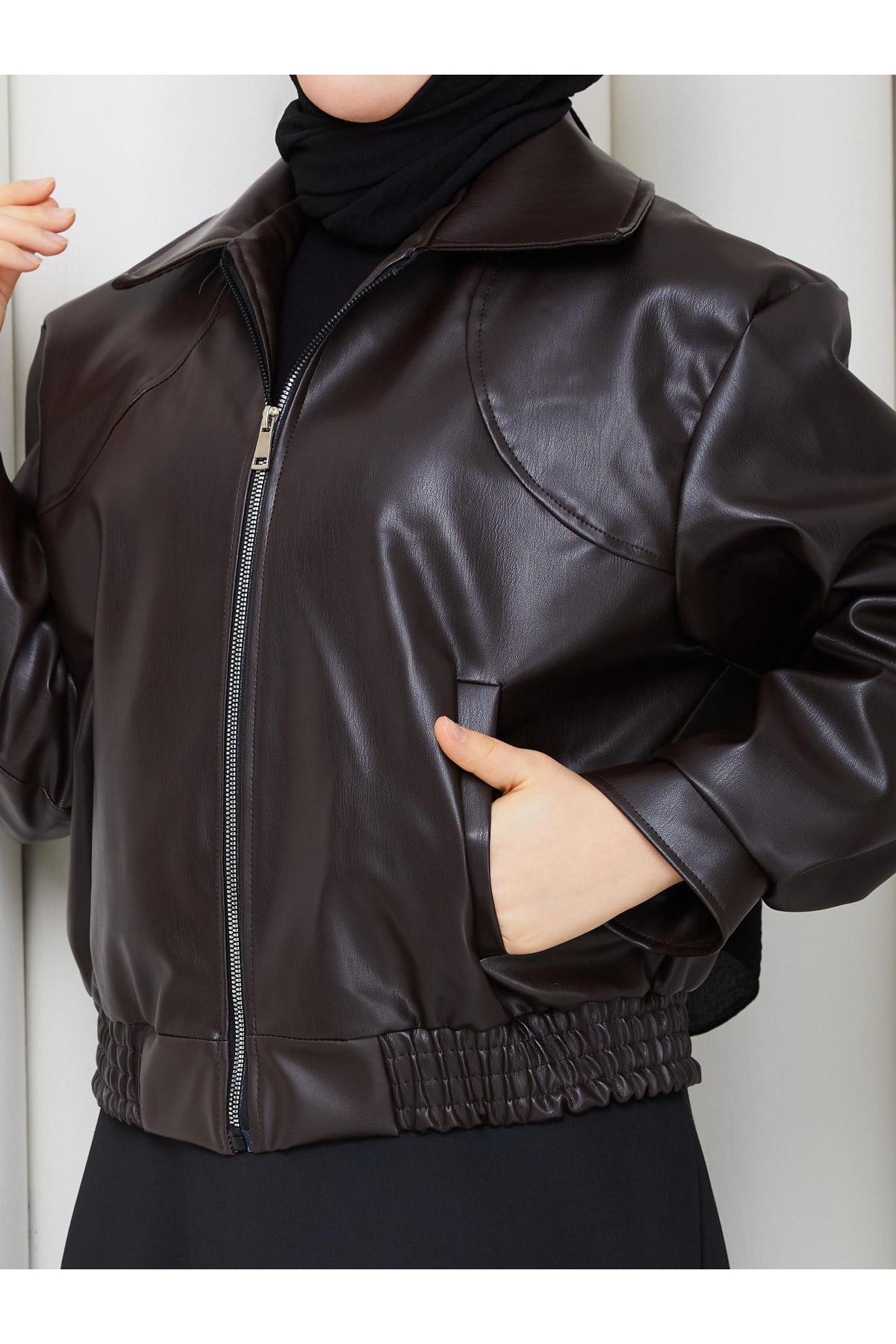 Kadın Trend Premium Mevsimlik Bomber Kahve Deri Ceket