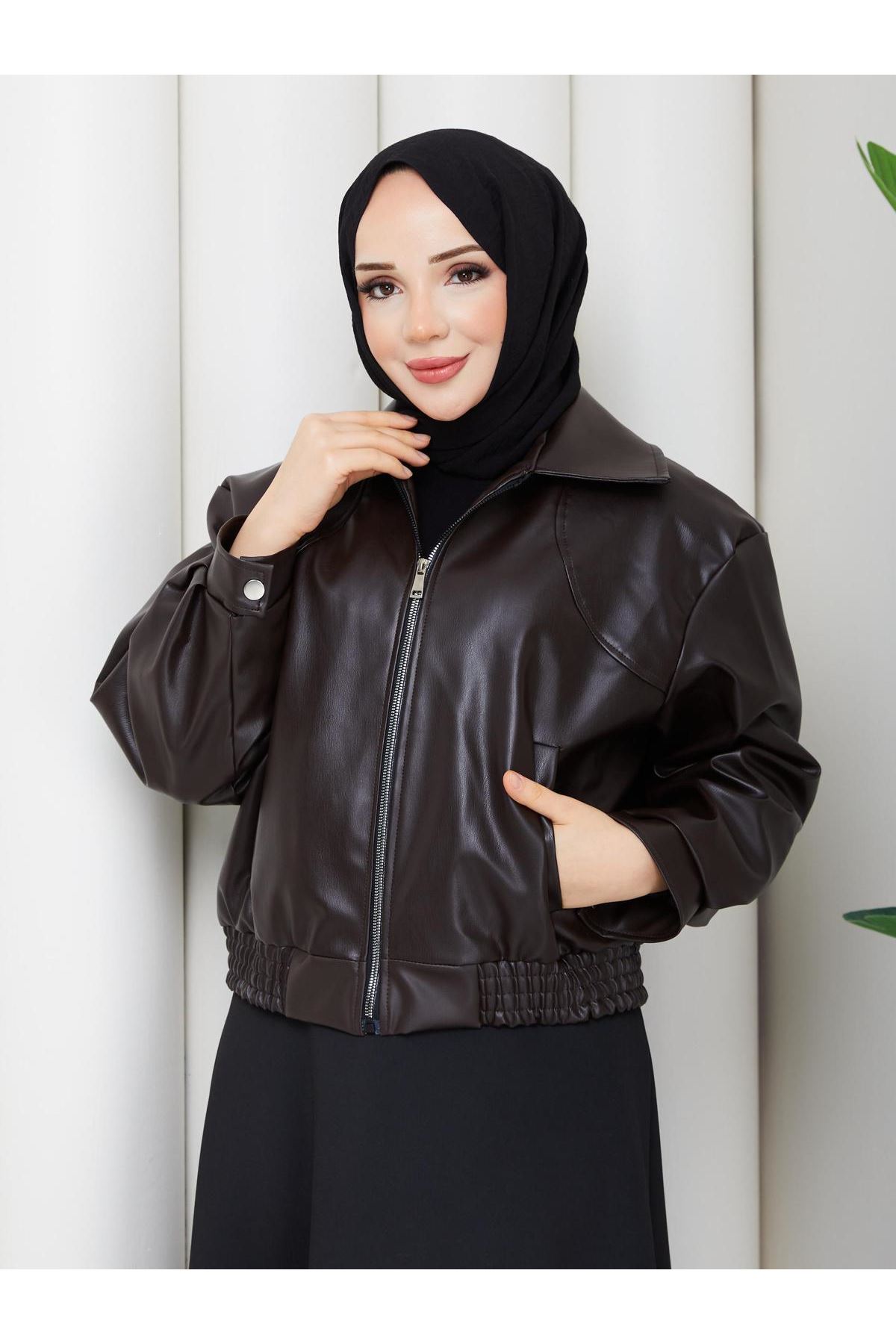 Kadın Trend Premium Mevsimlik Bomber Kahve Deri Ceket