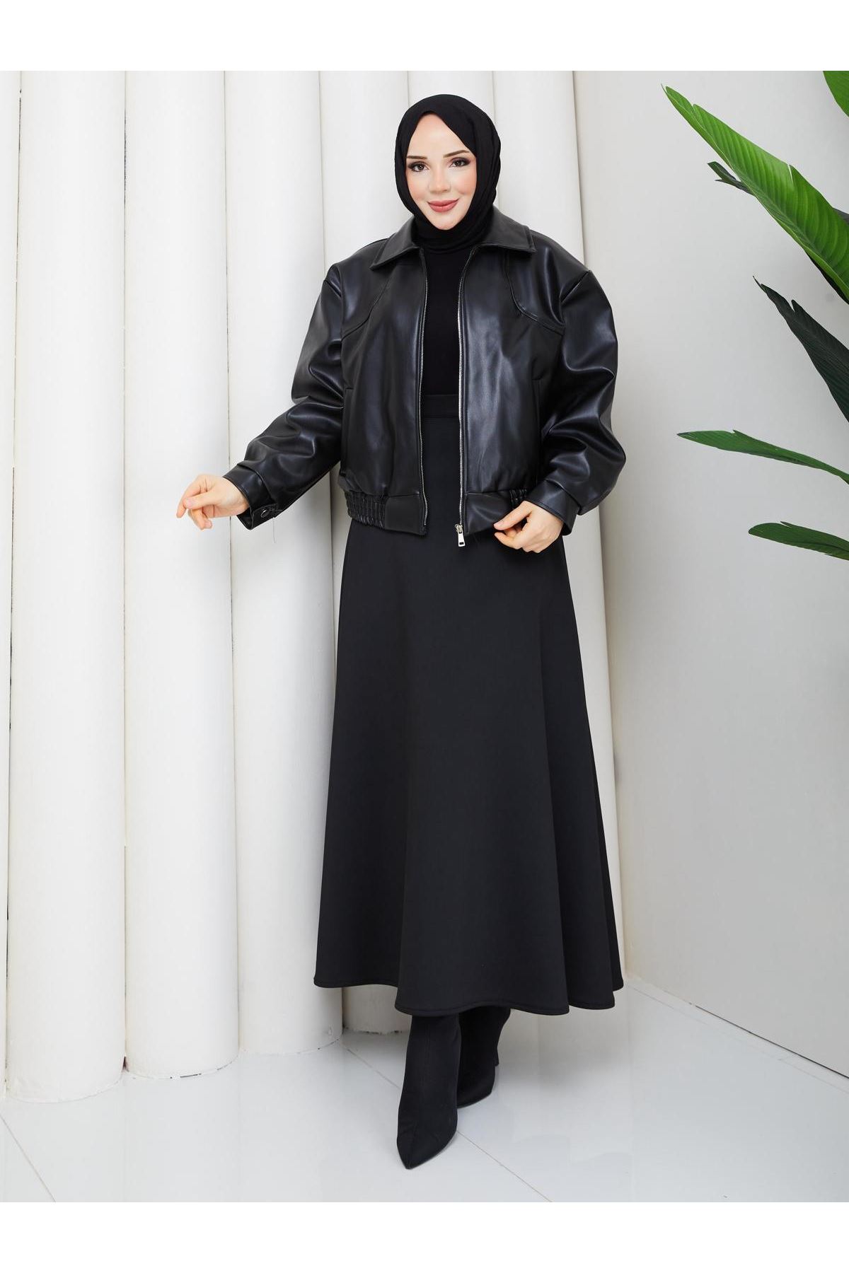 Kadın Trend Premium Mevsimlik Bomber Siyah Deri Ceket