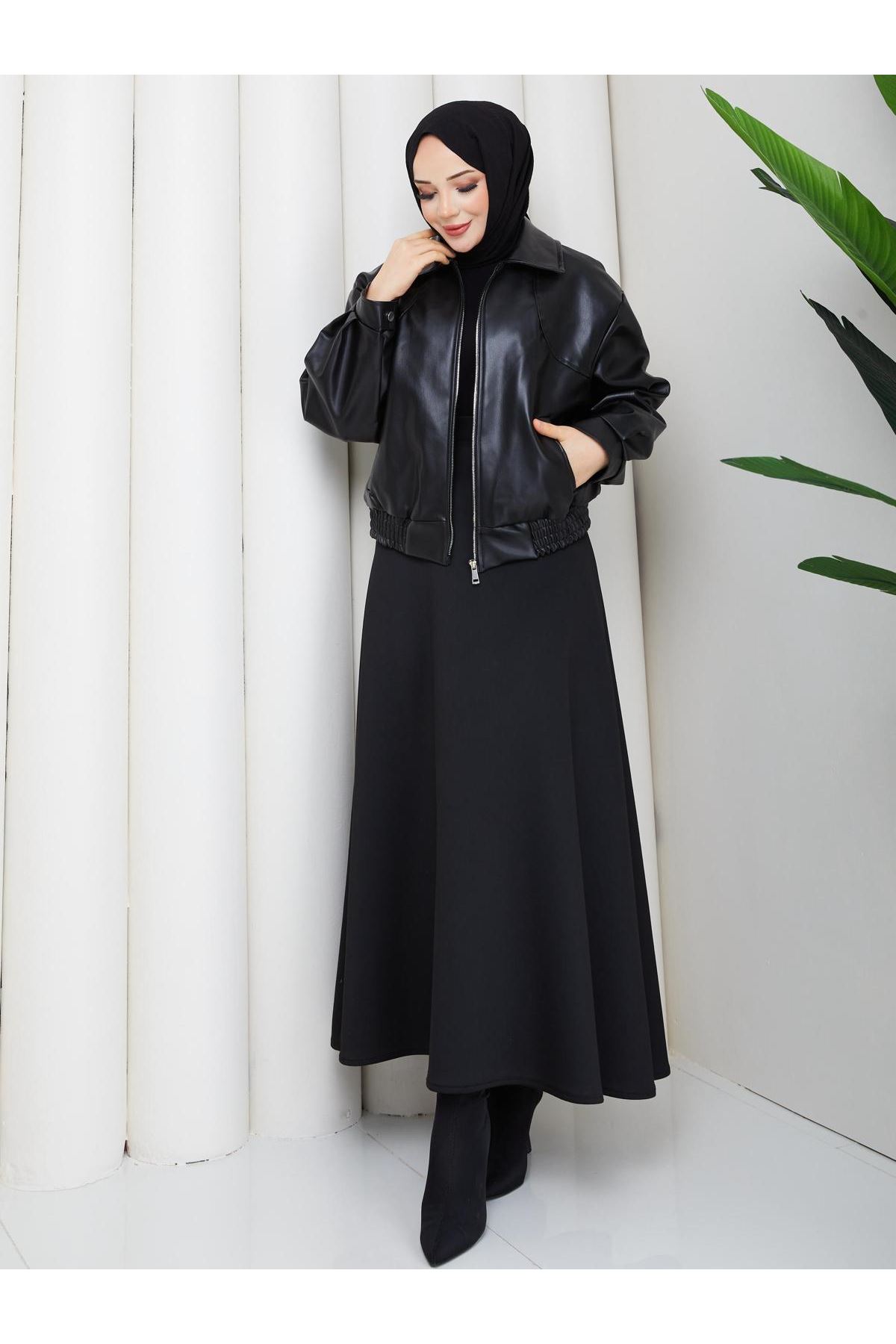 Kadın Trend Premium Mevsimlik Bomber Siyah Deri Ceket