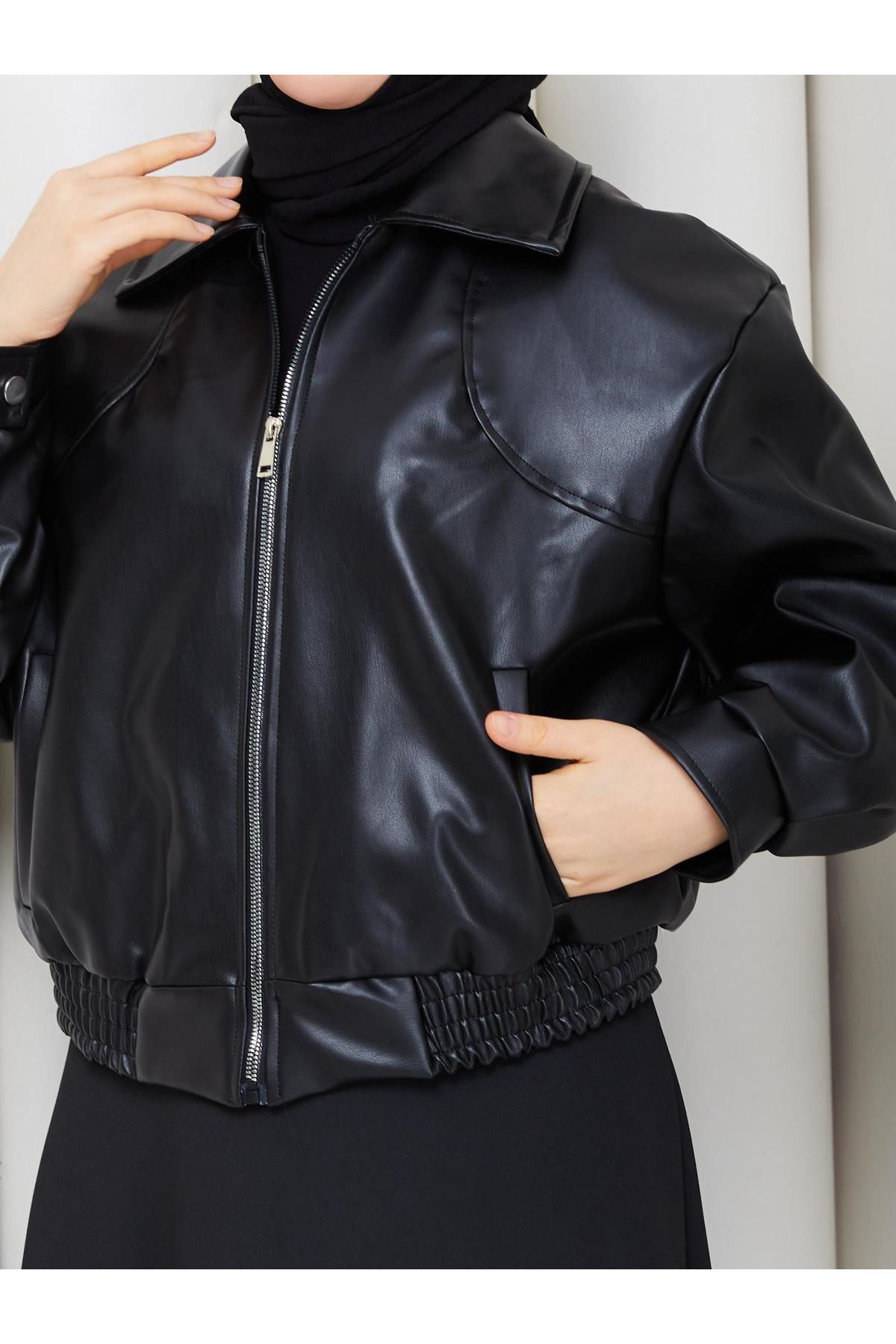 Kadın Trend Premium Mevsimlik Bomber Siyah Deri Ceket