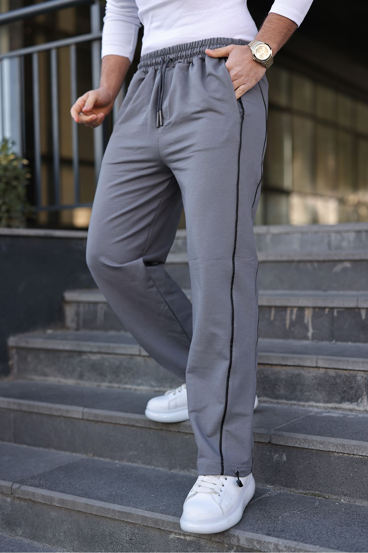 Erkek Günlük Yazlık Çizgili Bol Gri Eşofman Altı