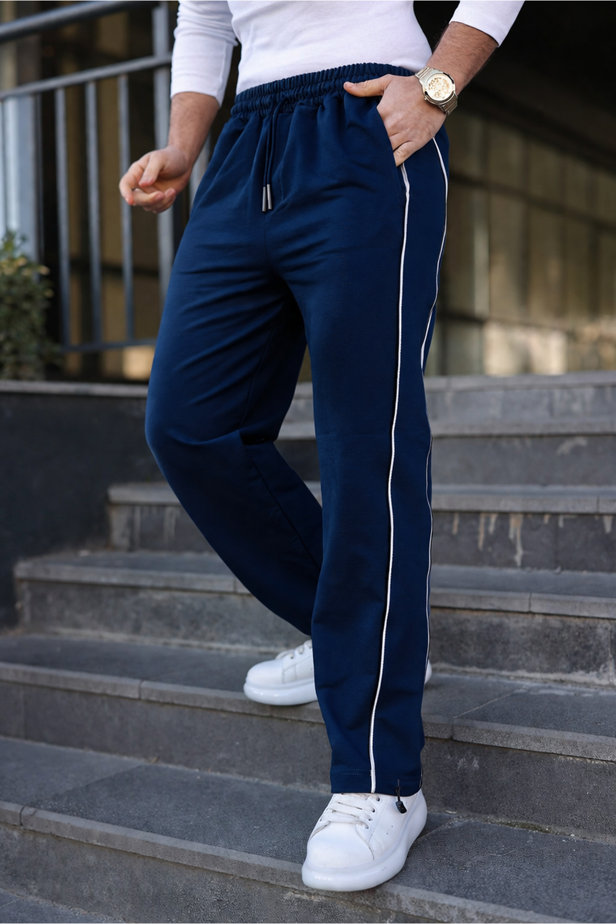 Erkek Günlük Yazlık Çizgili Bol Lacivert Eşofman Altı