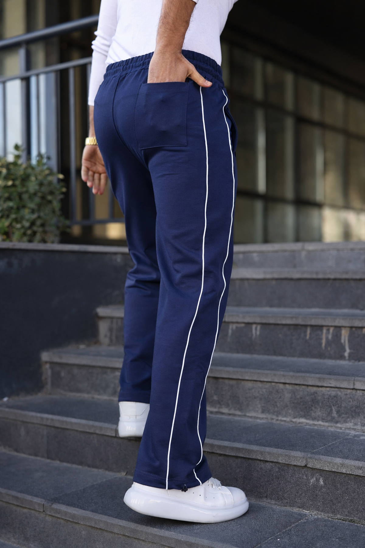 Erkek Günlük Yazlık Çizgili Bol Lacivert Eşofman Altı