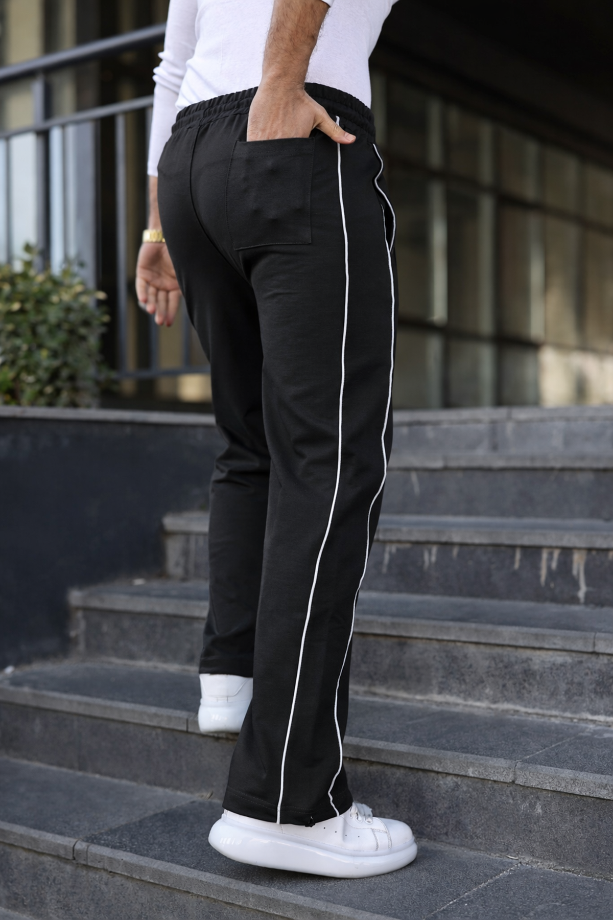 Erkek Günlük Yazlık Çizgili Bol Siyah Eşofman Altı