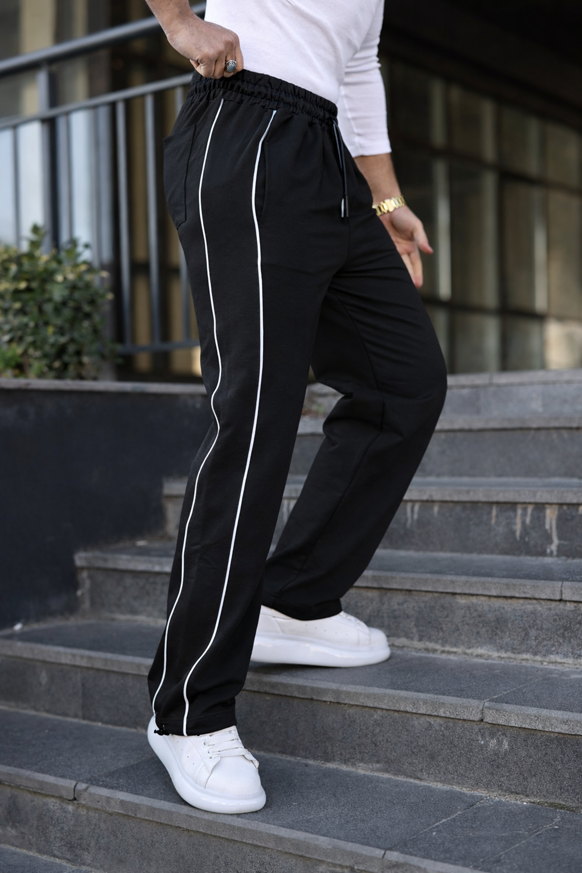 Erkek Günlük Yazlık Çizgili Bol Siyah Eşofman Altı