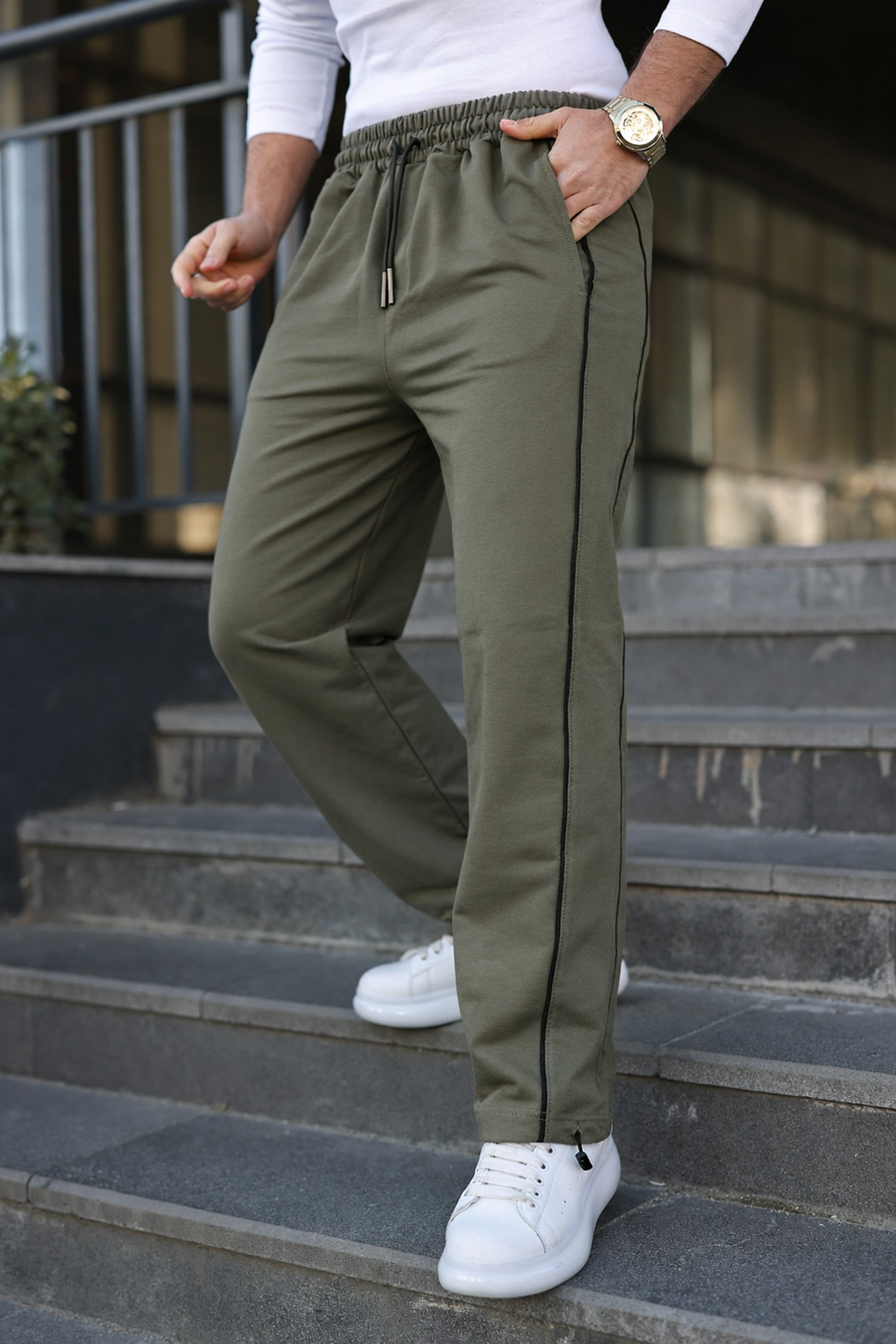 Erkek Günlük Yazlık Çizgili Bol Haki Eşofman Altı