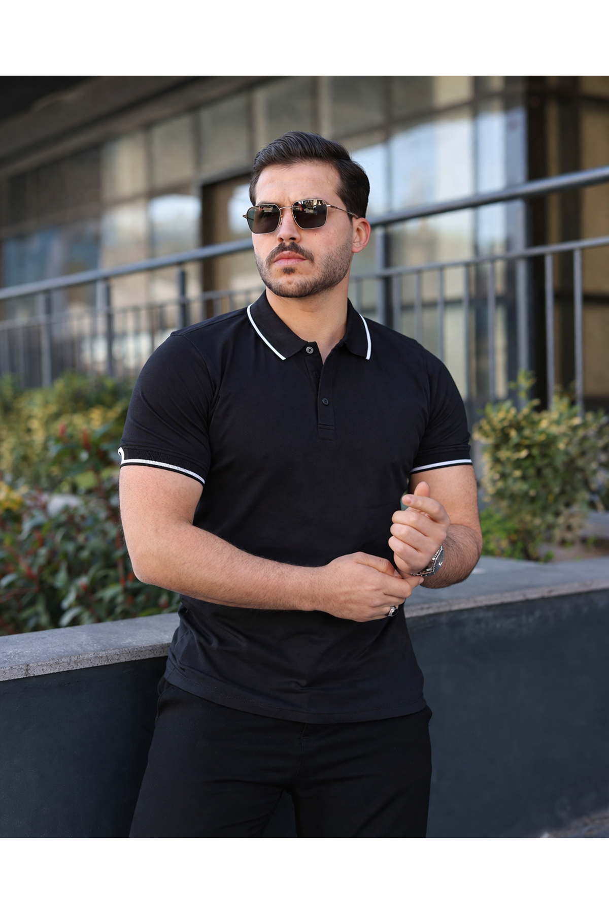 Erkek Günlük Çizgili Pamuklu Siyah Polo Yaka Tişört