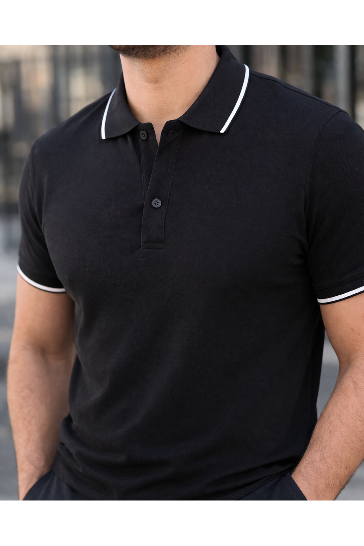 Erkek Günlük Çizgili Pamuklu Siyah Polo Yaka Tişört