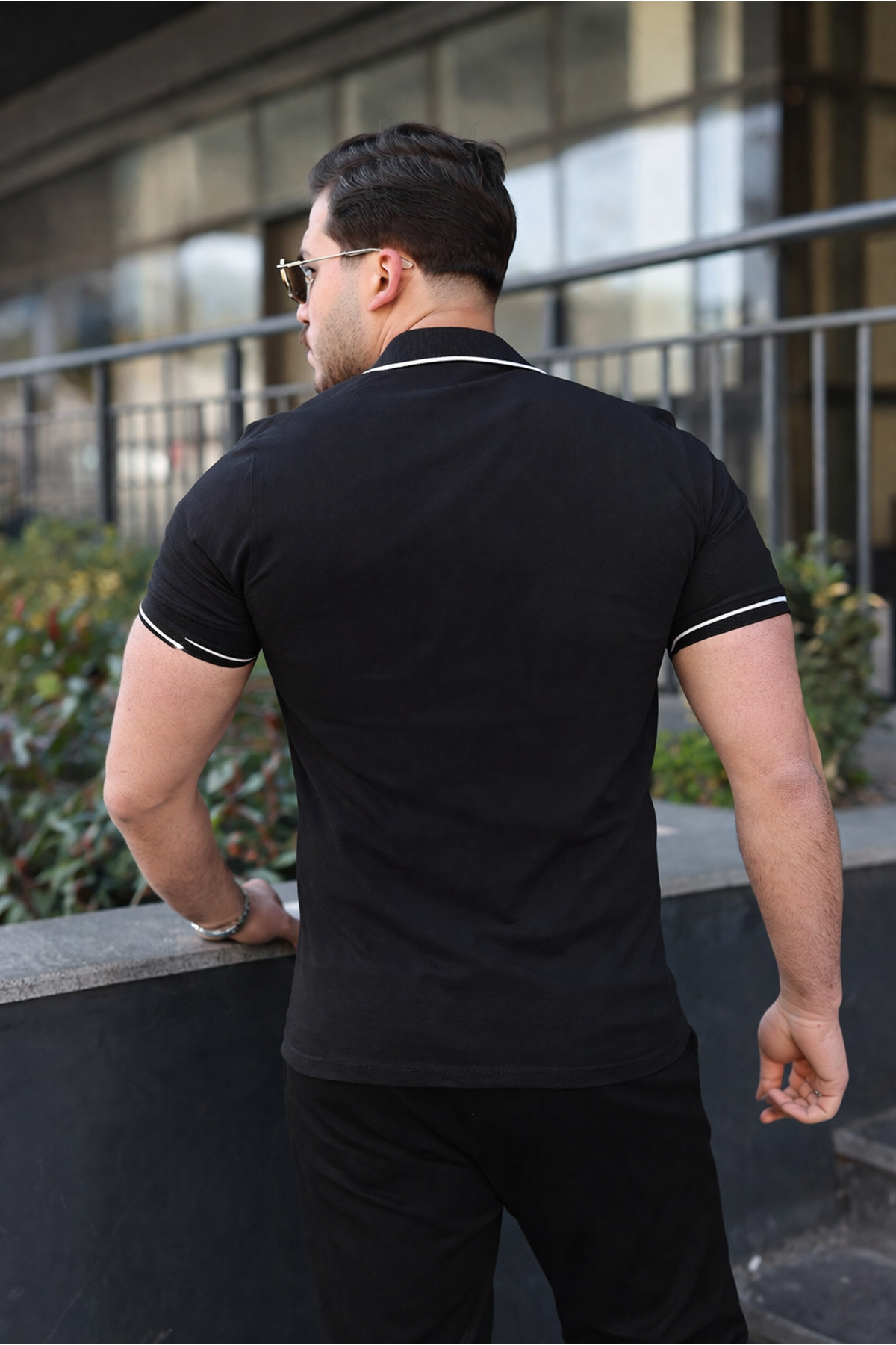 Erkek Günlük Çizgili Pamuklu Siyah Polo Yaka Tişört