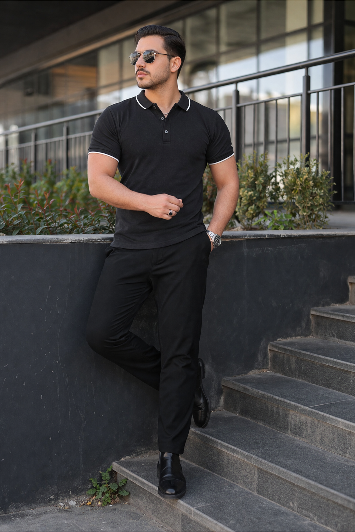 Erkek Günlük Çizgili Pamuklu Siyah Polo Yaka Tişört