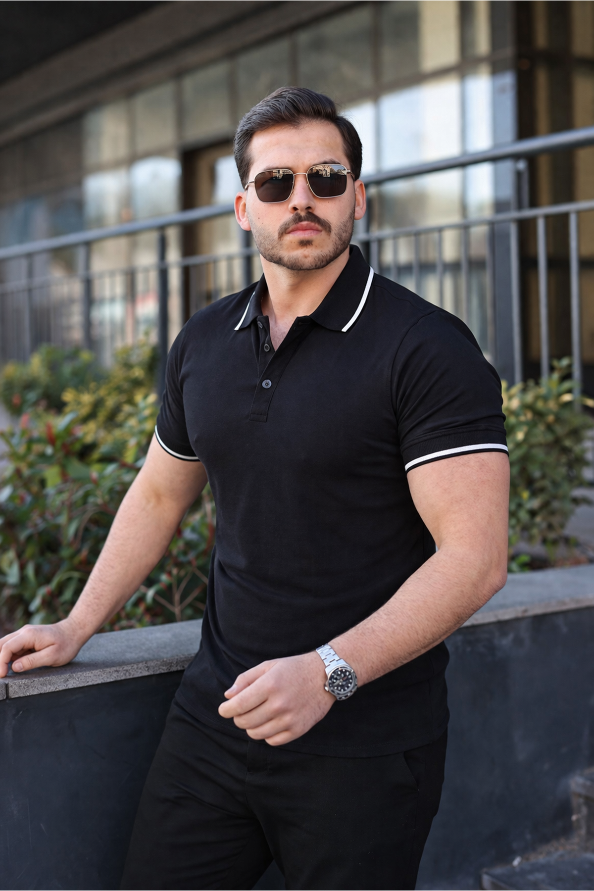 Erkek Günlük Çizgili Pamuklu Siyah Polo Yaka Tişört