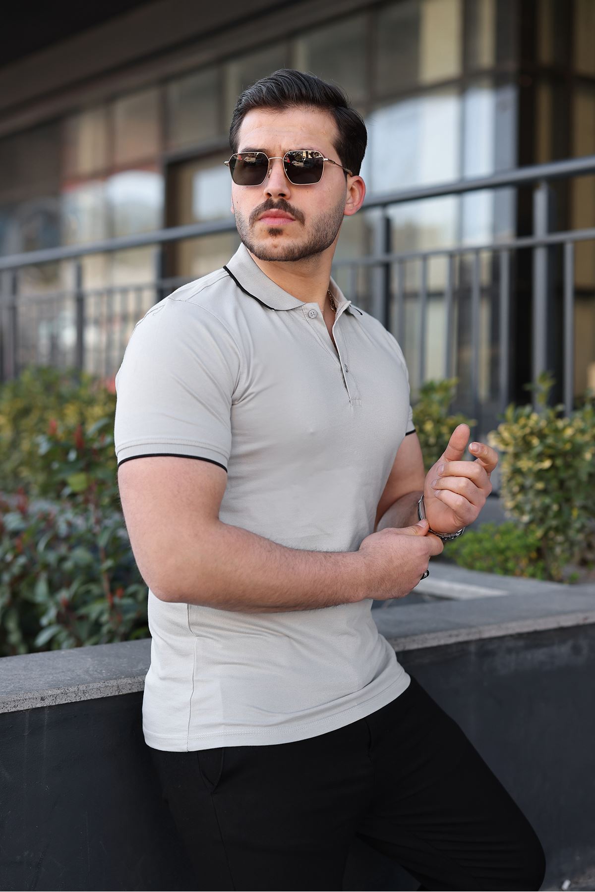 Erkek Günlük Çizgili Pamuklu Gri Polo Yaka Tişört