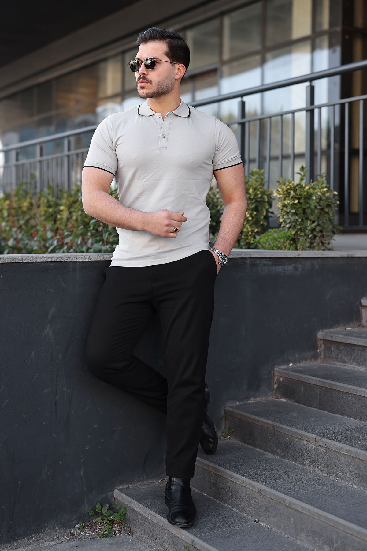 Erkek Günlük Çizgili Pamuklu Gri Polo Yaka Tişört