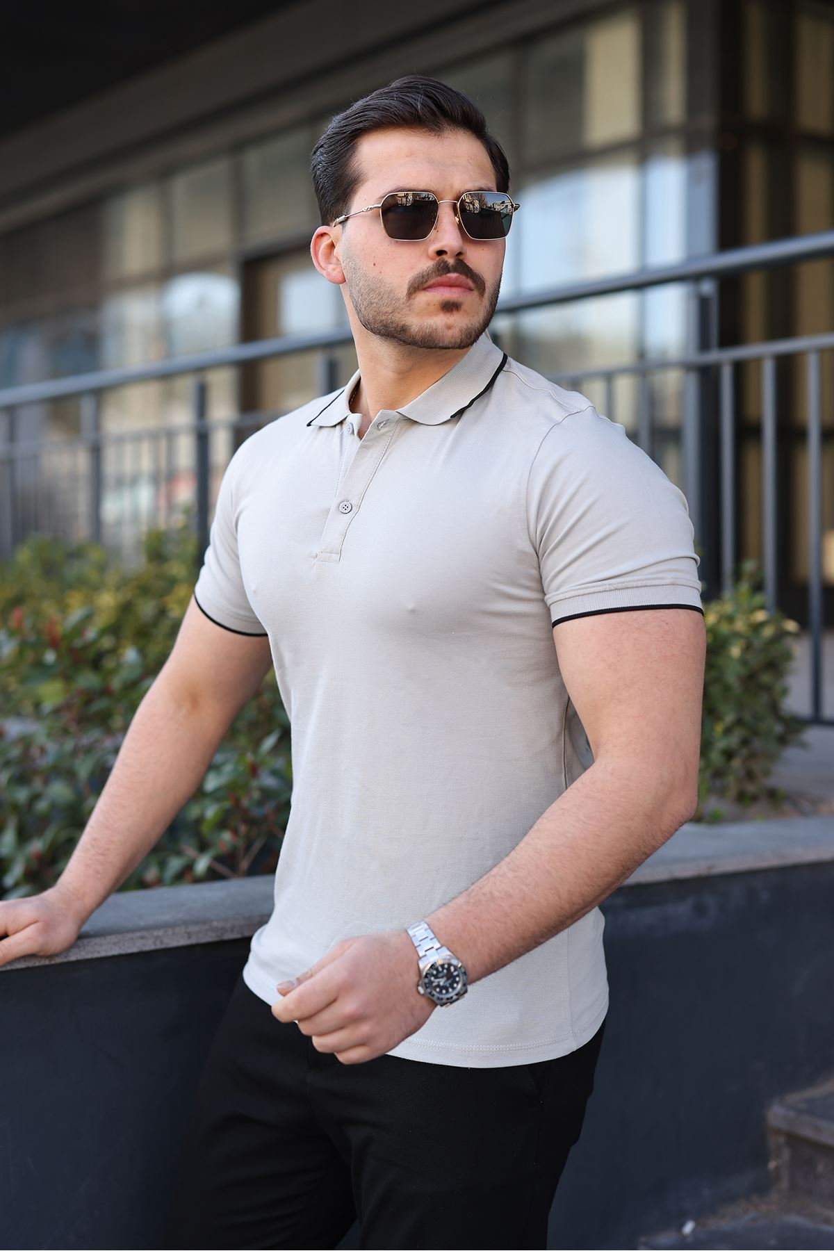 Erkek Günlük Çizgili Pamuklu Gri Polo Yaka Tişört