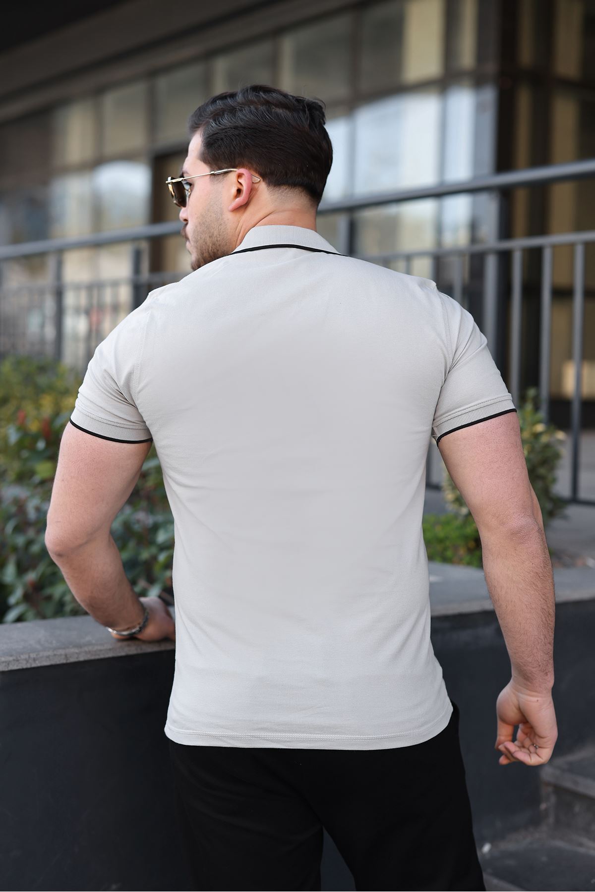 Erkek Günlük Çizgili Pamuklu Gri Polo Yaka Tişört