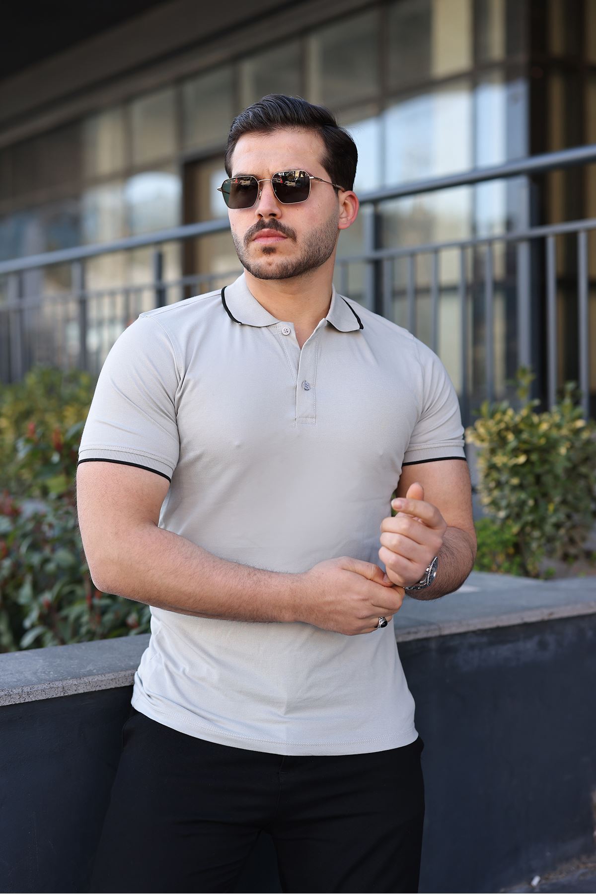 Erkek Günlük Çizgili Pamuklu Gri Polo Yaka Tişört