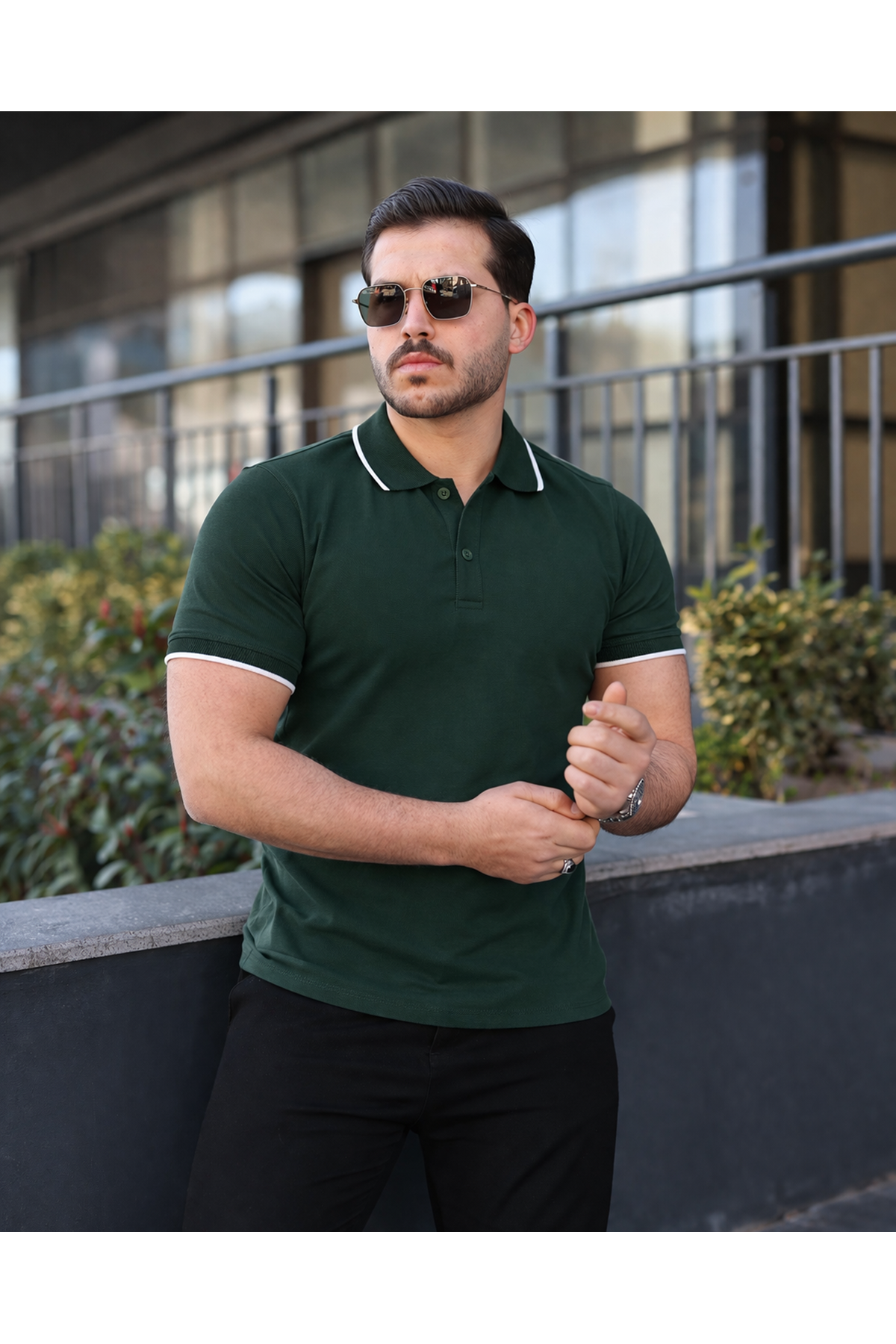 Erkek Günlük Çizgili Pamuklu Haki Polo Yaka Tişört