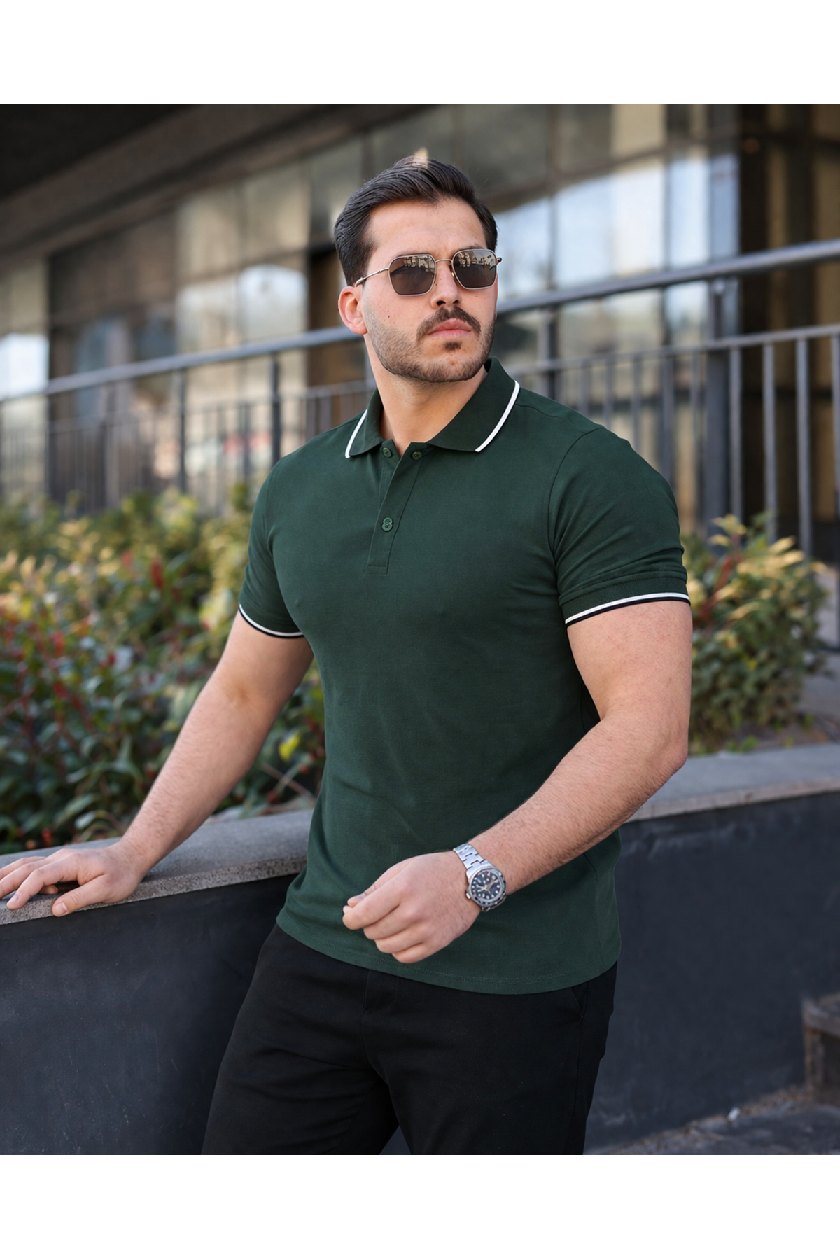 Erkek Günlük Çizgili Pamuklu Haki Polo Yaka Tişört