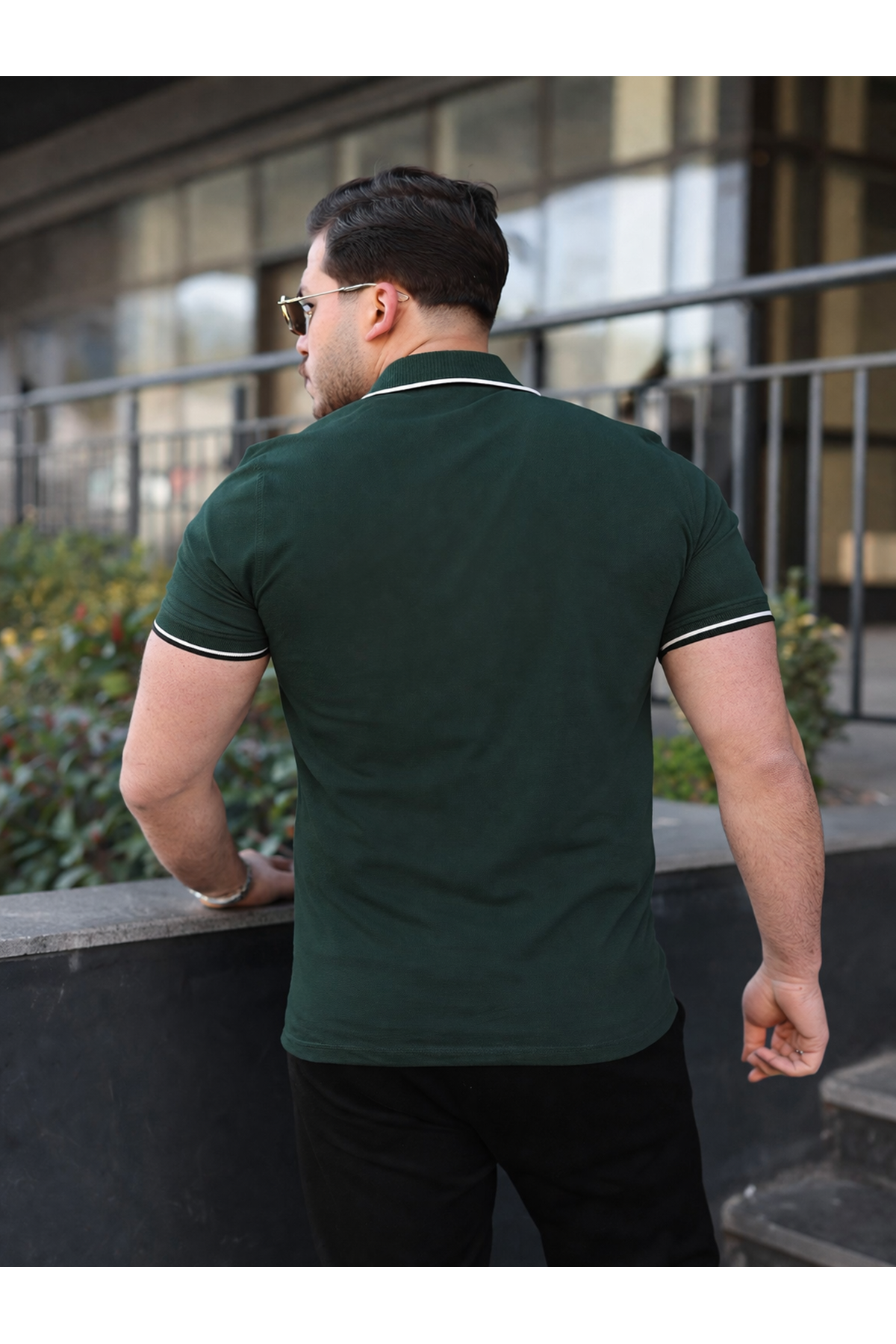 Erkek Günlük Çizgili Pamuklu Haki Polo Yaka Tişört