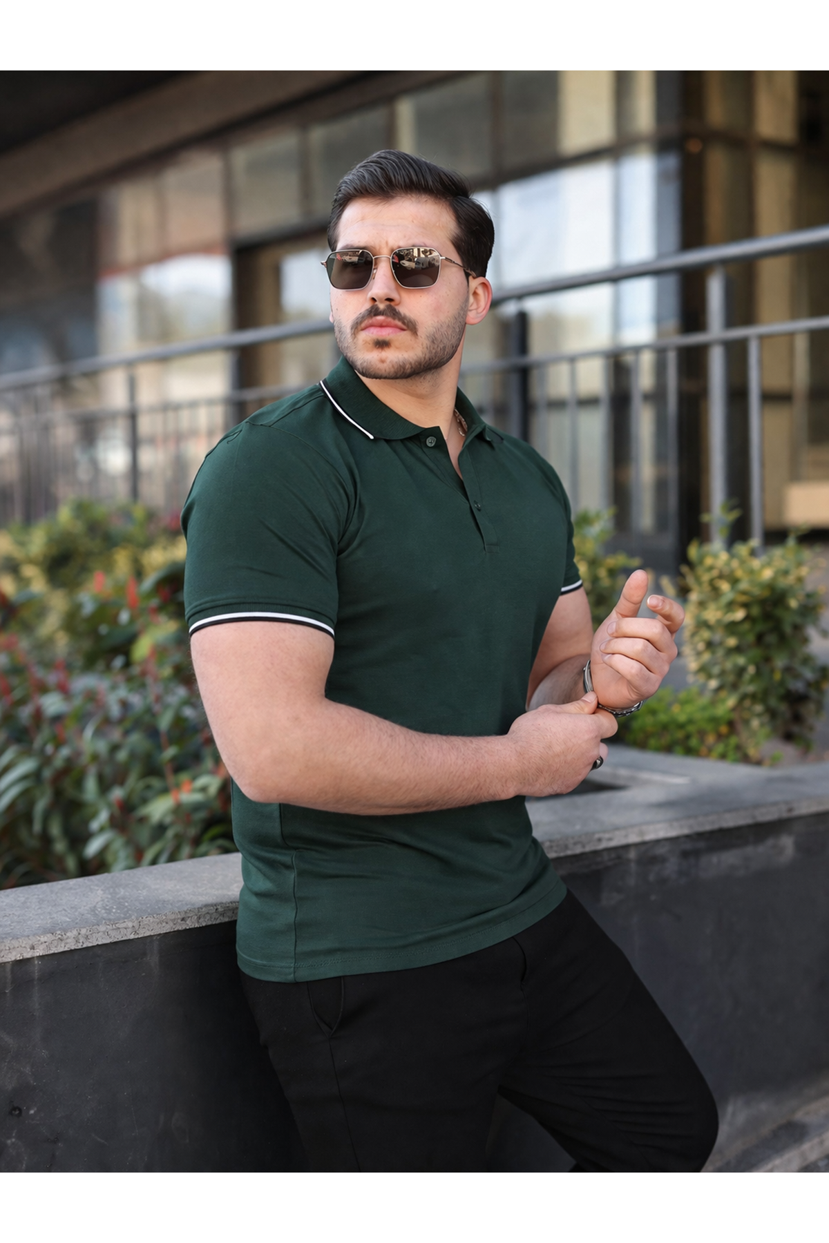 Erkek Günlük Çizgili Pamuklu Haki Polo Yaka Tişört