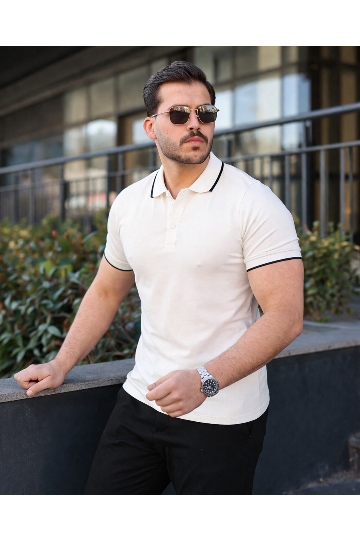 Erkek Günlük Çizgili Pamuklu Beyaz Polo Yaka Tişört