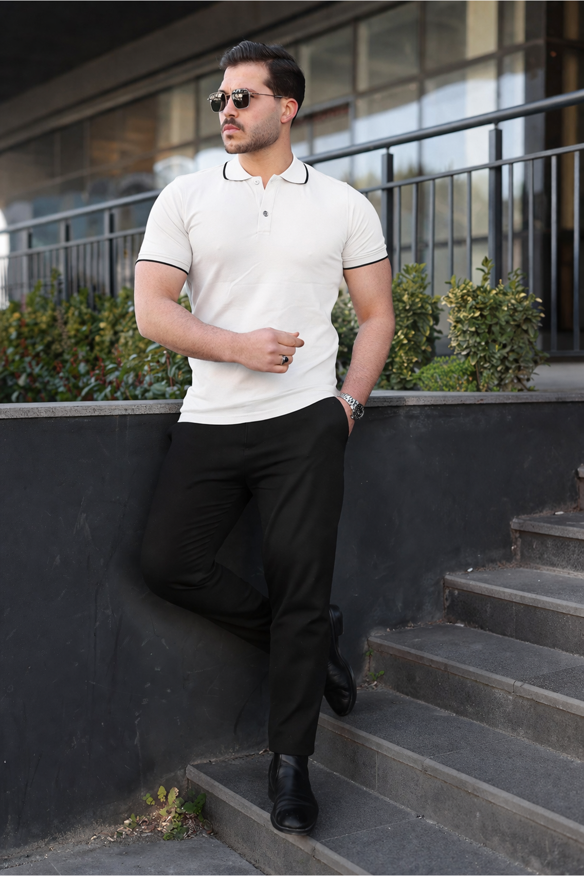 Erkek Günlük Çizgili Pamuklu Beyaz Polo Yaka Tişört