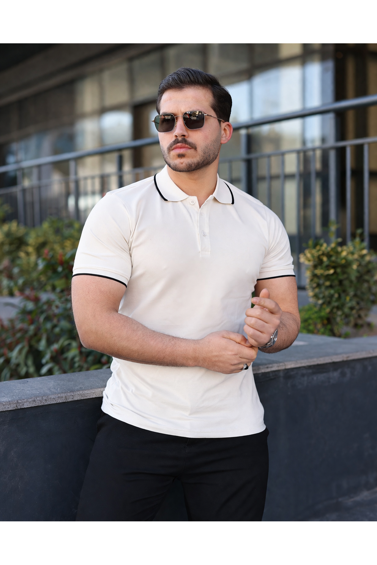 Erkek Günlük Çizgili Pamuklu Beyaz Polo Yaka Tişört