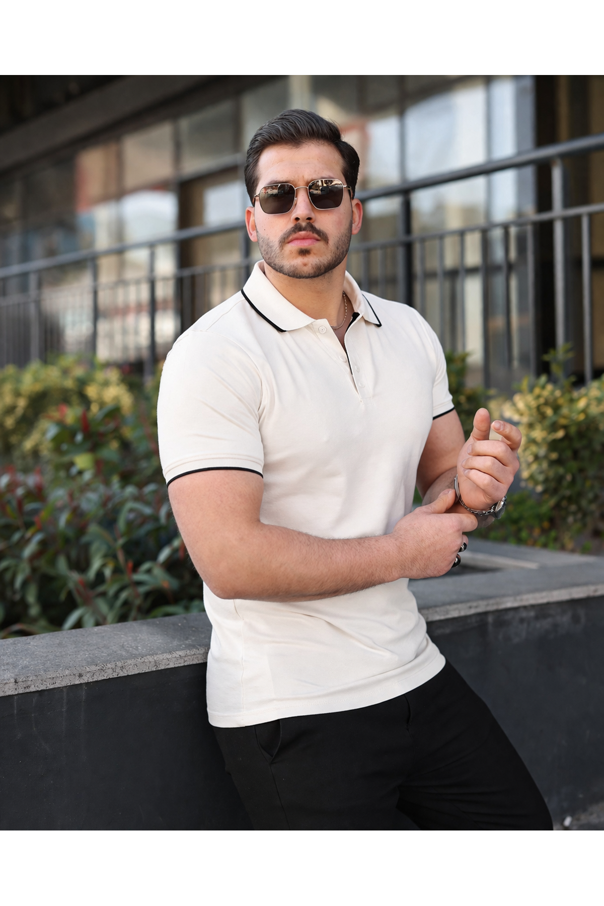 Erkek Günlük Çizgili Pamuklu Beyaz Polo Yaka Tişört