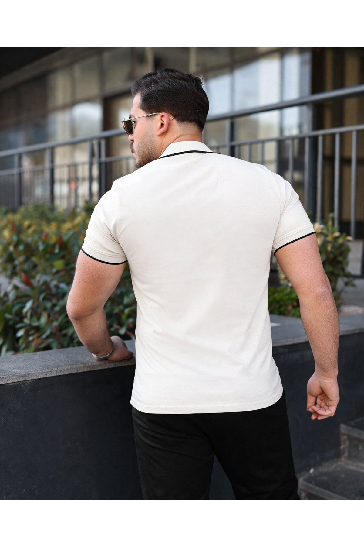 Erkek Günlük Çizgili Pamuklu Beyaz Polo Yaka Tişört