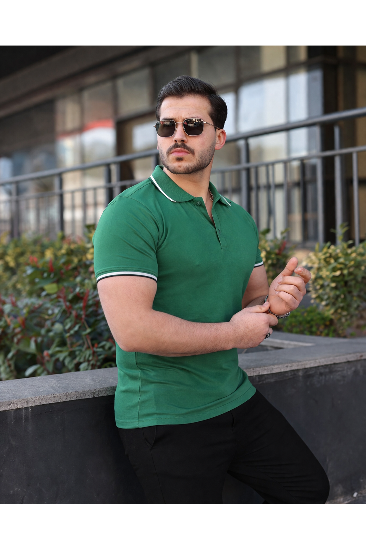 Erkek Günlük Çizgili Pamuklu Yeşil Polo Yaka Tişört