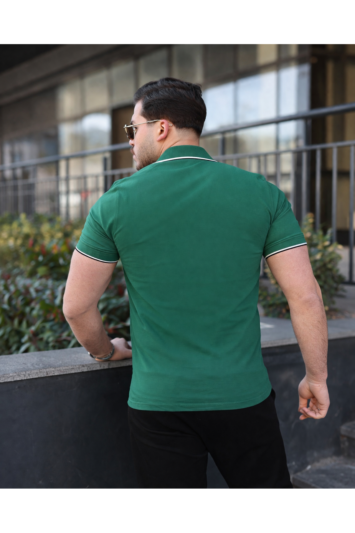 Erkek Günlük Çizgili Pamuklu Yeşil Polo Yaka Tişört