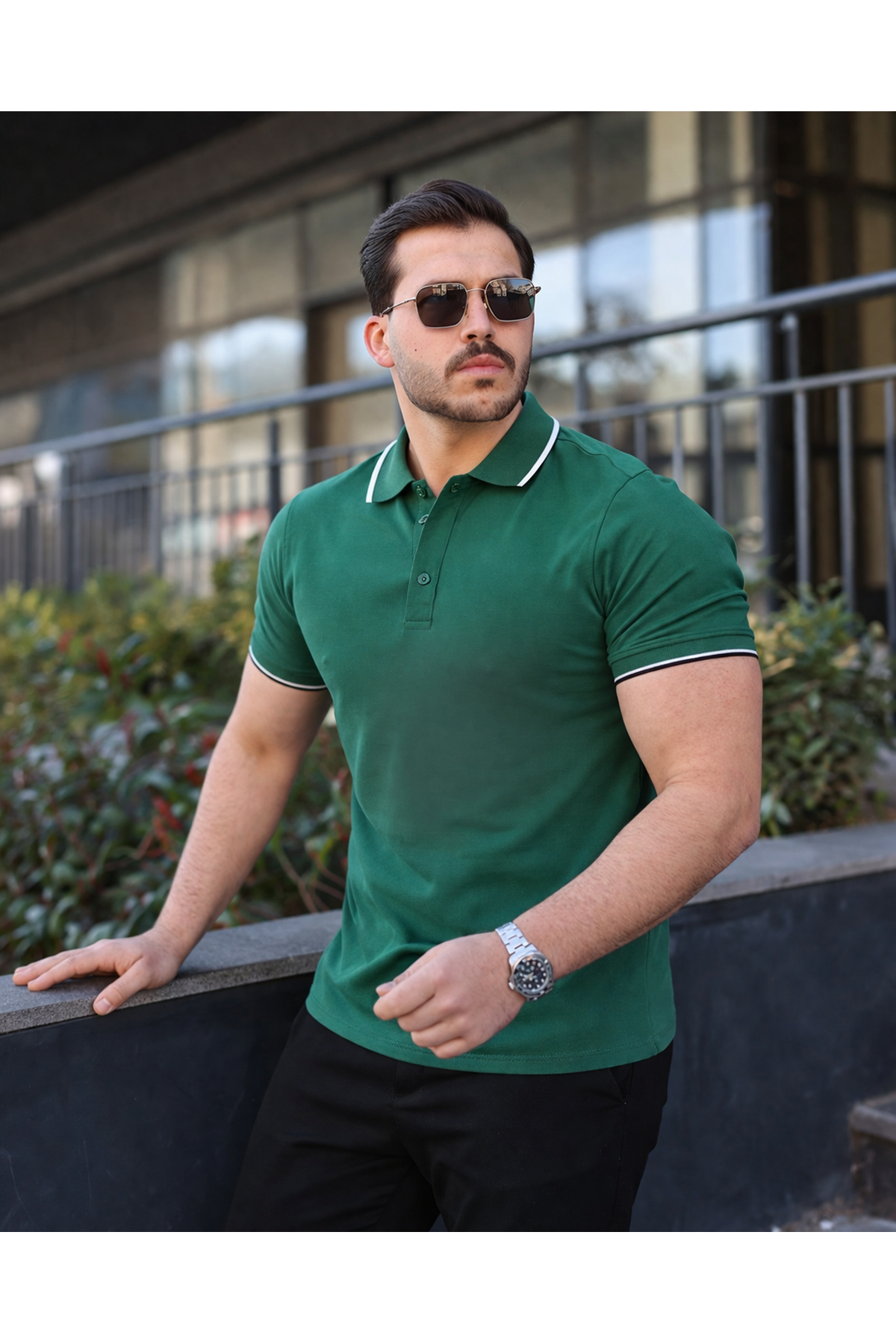 Erkek Günlük Çizgili Pamuklu Yeşil Polo Yaka Tişört