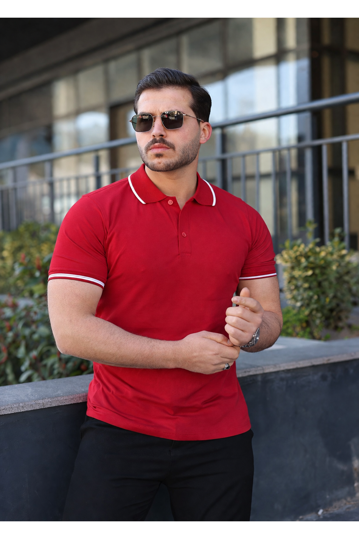 Erkek Günlük Çizgili Pamuklu Kırmızı Polo Yaka Tişört