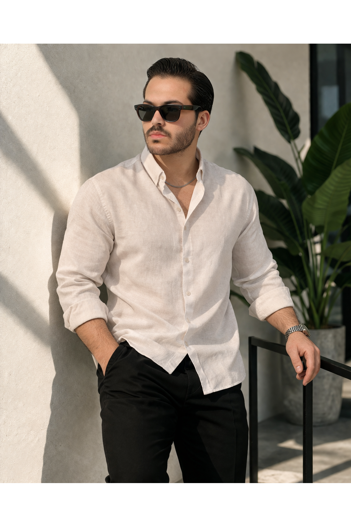 Erkek Trend Dokulu Uzun Kol Basic Krem Keten Gömlek