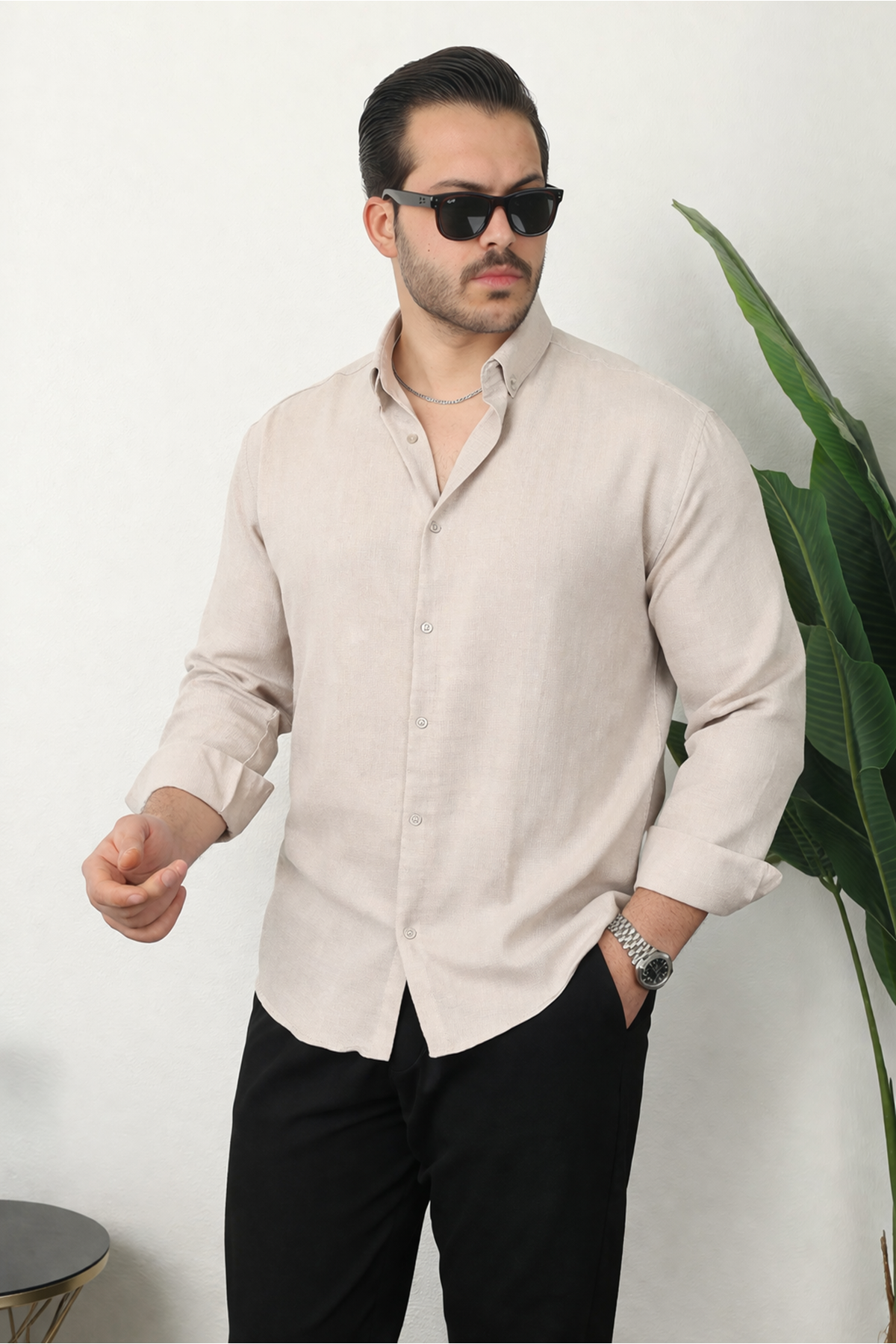 Erkek Trend Dokulu Uzun Kol Basic Krem Keten Gömlek