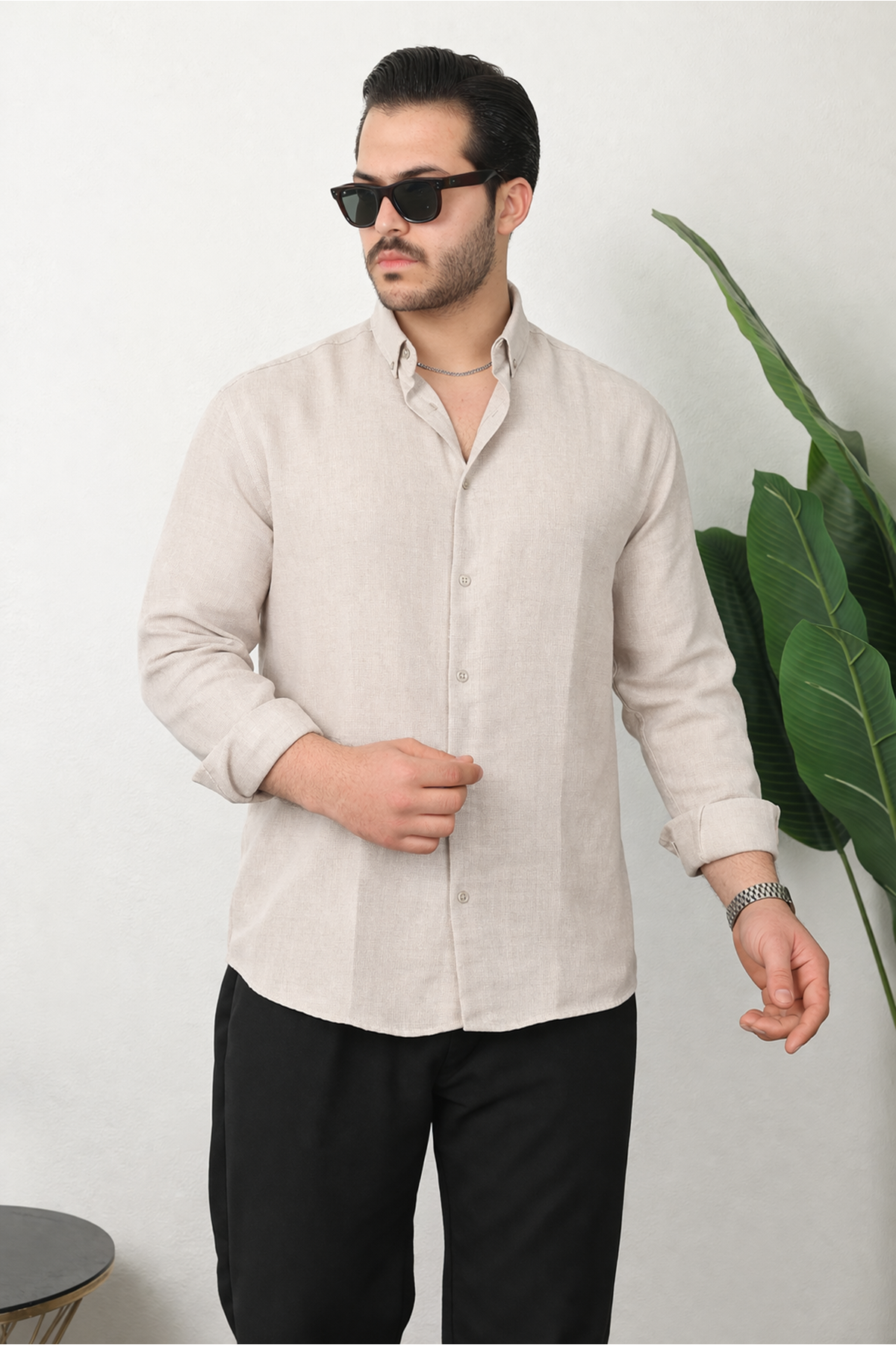 Erkek Trend Dokulu Uzun Kol Basic Krem Keten Gömlek