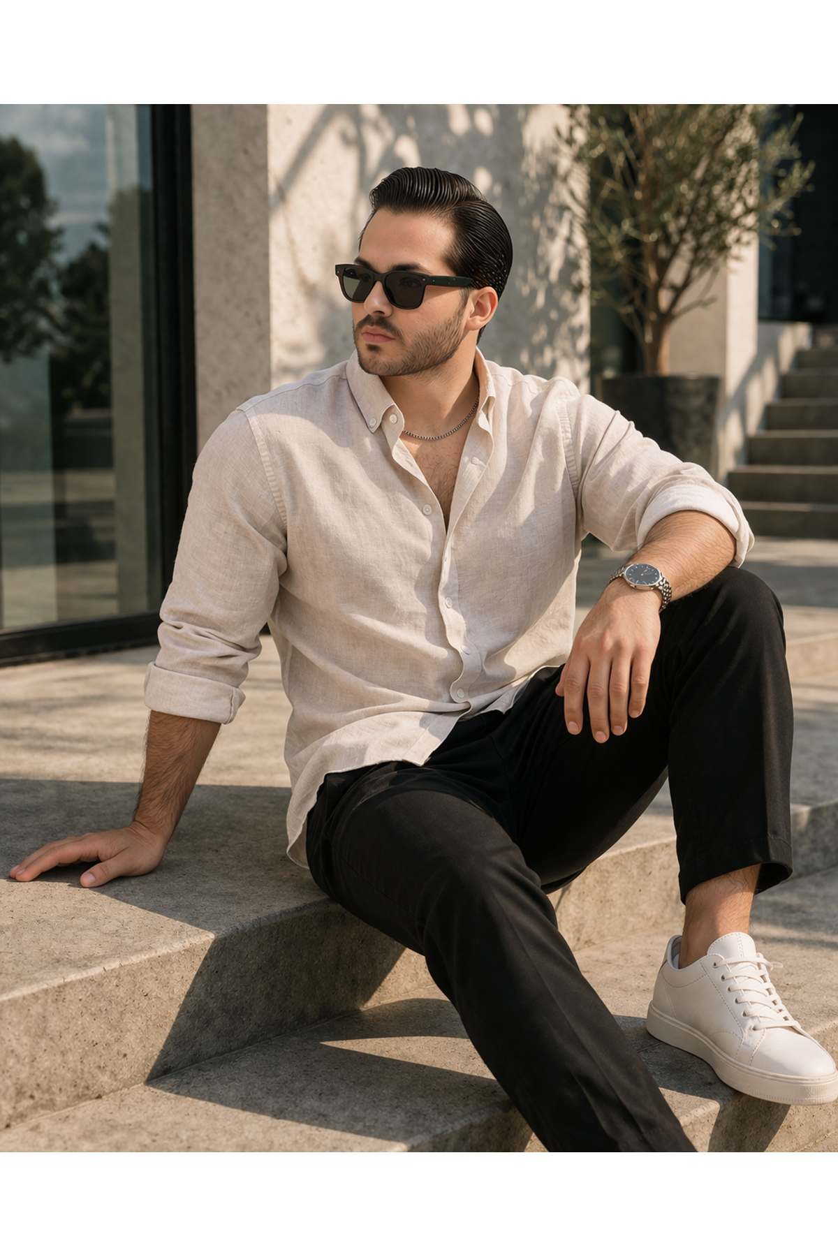 Erkek Trend Dokulu Uzun Kol Basic Krem Keten Gömlek