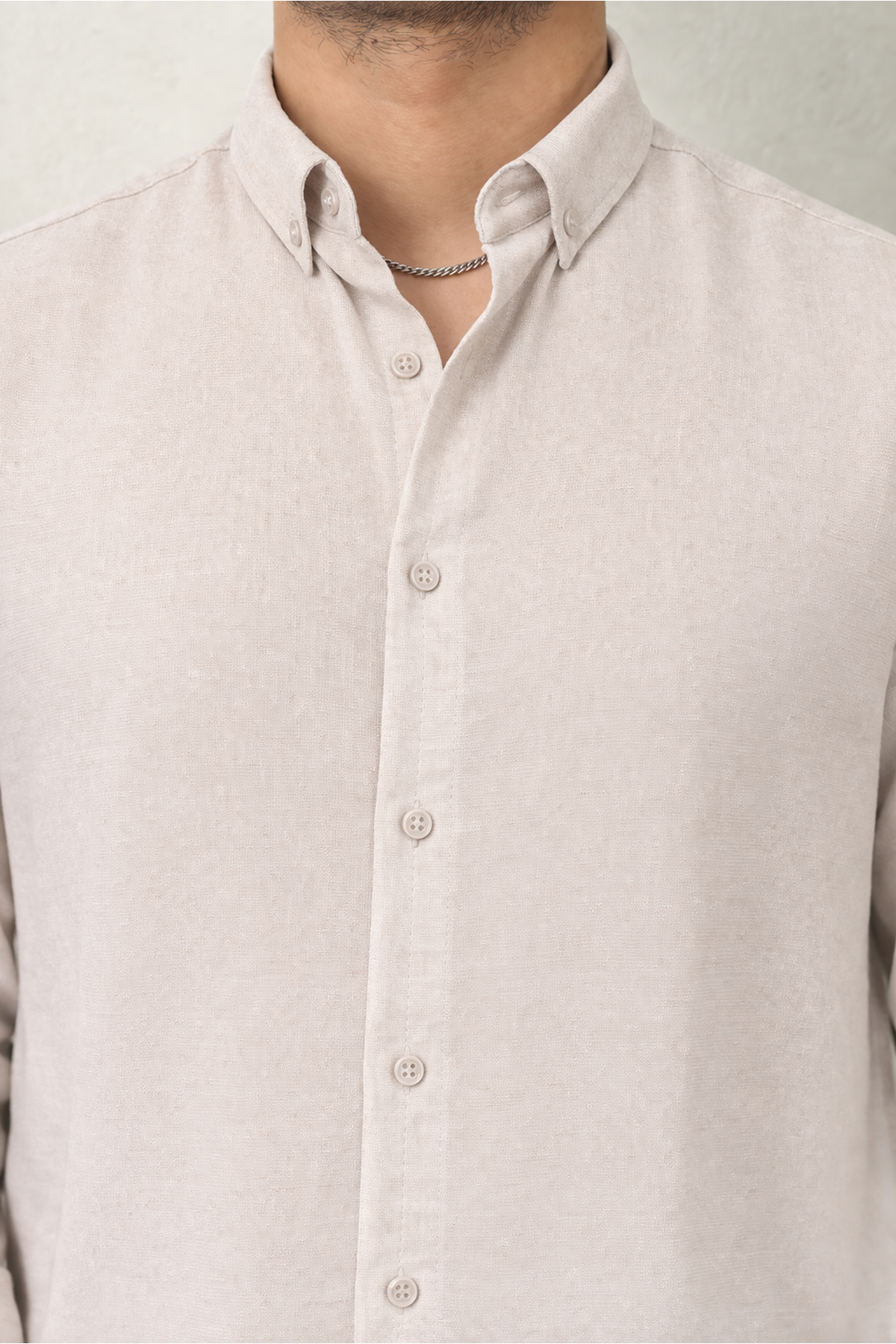 Erkek Trend Dokulu Uzun Kol Basic Krem Keten Gömlek