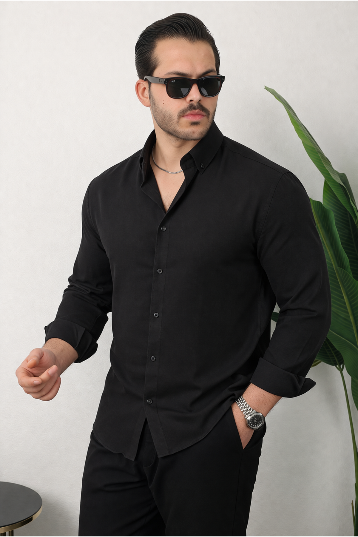 Erkek Trend Dokulu Uzun Kol Basic Siyah Keten Gömlek