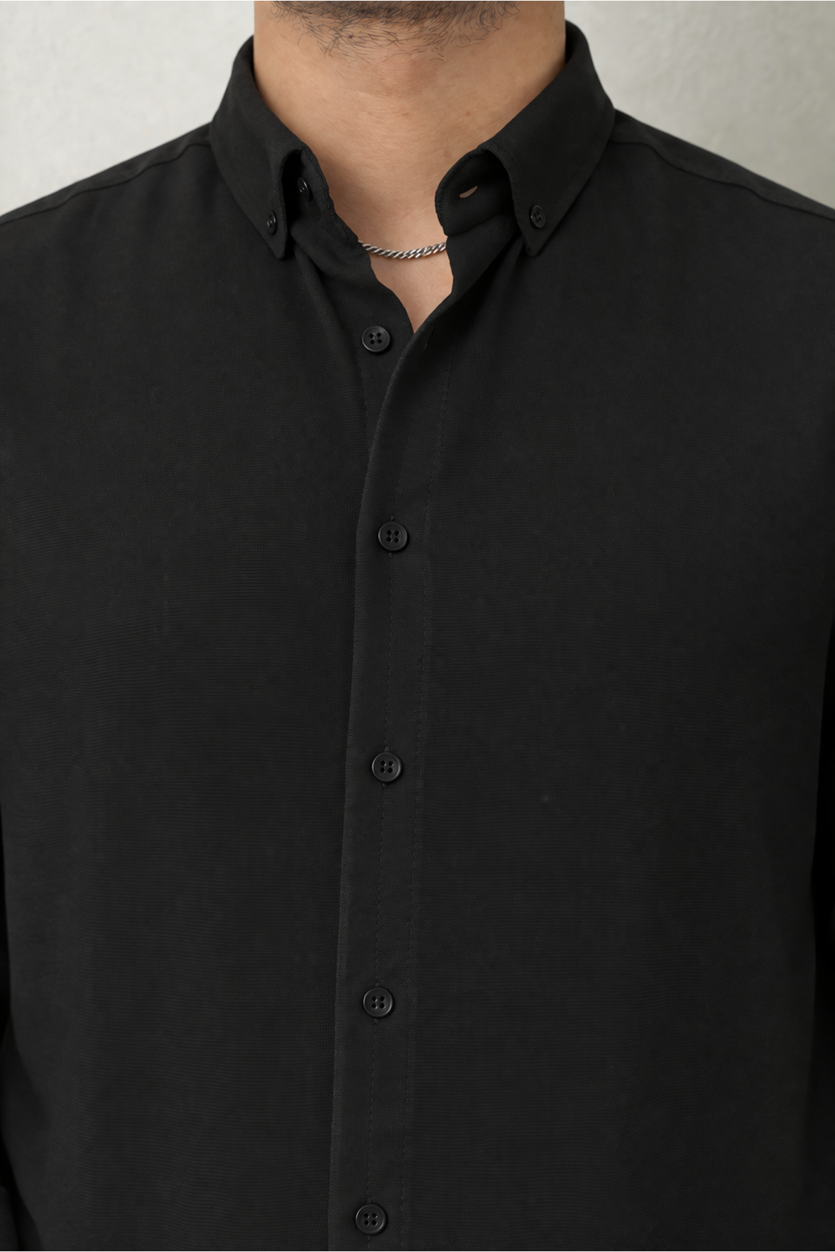 Erkek Trend Dokulu Uzun Kol Basic Siyah Keten Gömlek